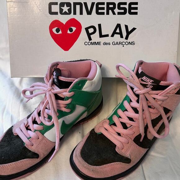 EUC Nike Converse SB Dunks High Pro Premium PLAY Pink Green Sneakers Wmns 8 / 39 - Picture 1 of 10